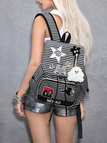 ROMWE Grunge Punk Punk Academy Wind Screaming Grimace Striped Backpack - Star Patch And Ghost Pendant Weird Cute Multi-Pocket Backpack Fashion Casual Unisex Large Capacity Backpack For Commuting, School, Travel And Daily Use - Black grey stripes - View 6
