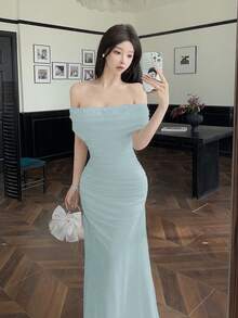 Modelyn 女士露肩褶皱腰身优雅婚礼/场合礼服 - 綠色 - 查看 4