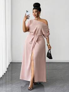 Maweii Plus Size Elegant High-End Asymmetric Shoulder Split Dress - Pink - View 5