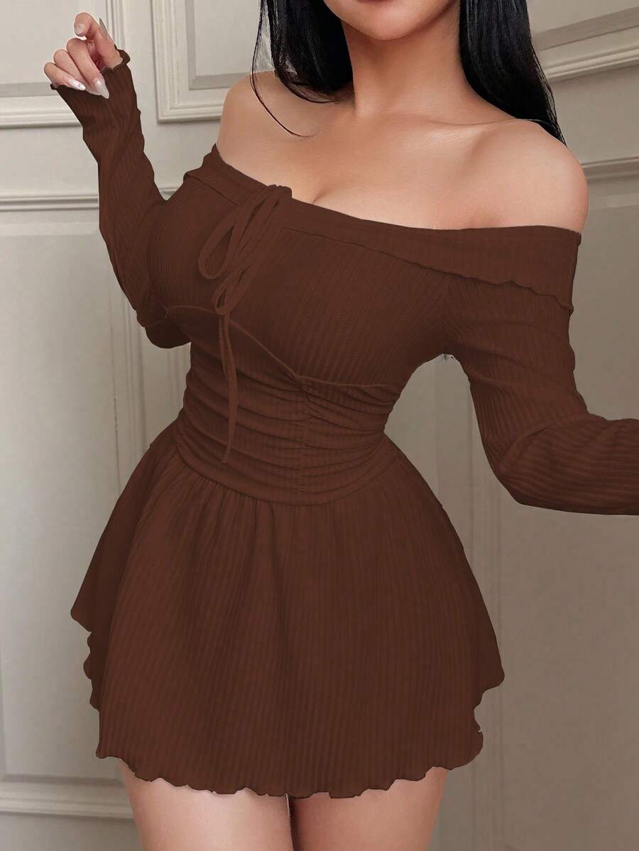 SweetSlumber Gaun Kasual Rajut Jacquard Tanpa Bahu untuk Wanita - Coklat - View 1