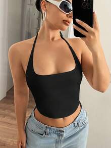 SHEIN ICON Tank Top Halter Neck Minimalis Kasual Warna Hitam, Cocok Untuk Musim Panas, Atasan Musim Panas - Hitam - View 2