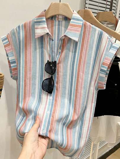 SHEIN Frenchy Camisa de punto a rayas casual de vacaciones para mujer, ropa de verano para mujer