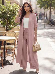 Auveirra 女款優雅休閒通勤純色長版開襟外套與寬鬆直筒長褲兩件套四季夏季 - 藕粉色 - 查看 2