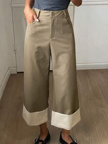 Livesso Women's Patchwork Folded Hem Long Pants Summer Office Khaki Casual - Green - View 1