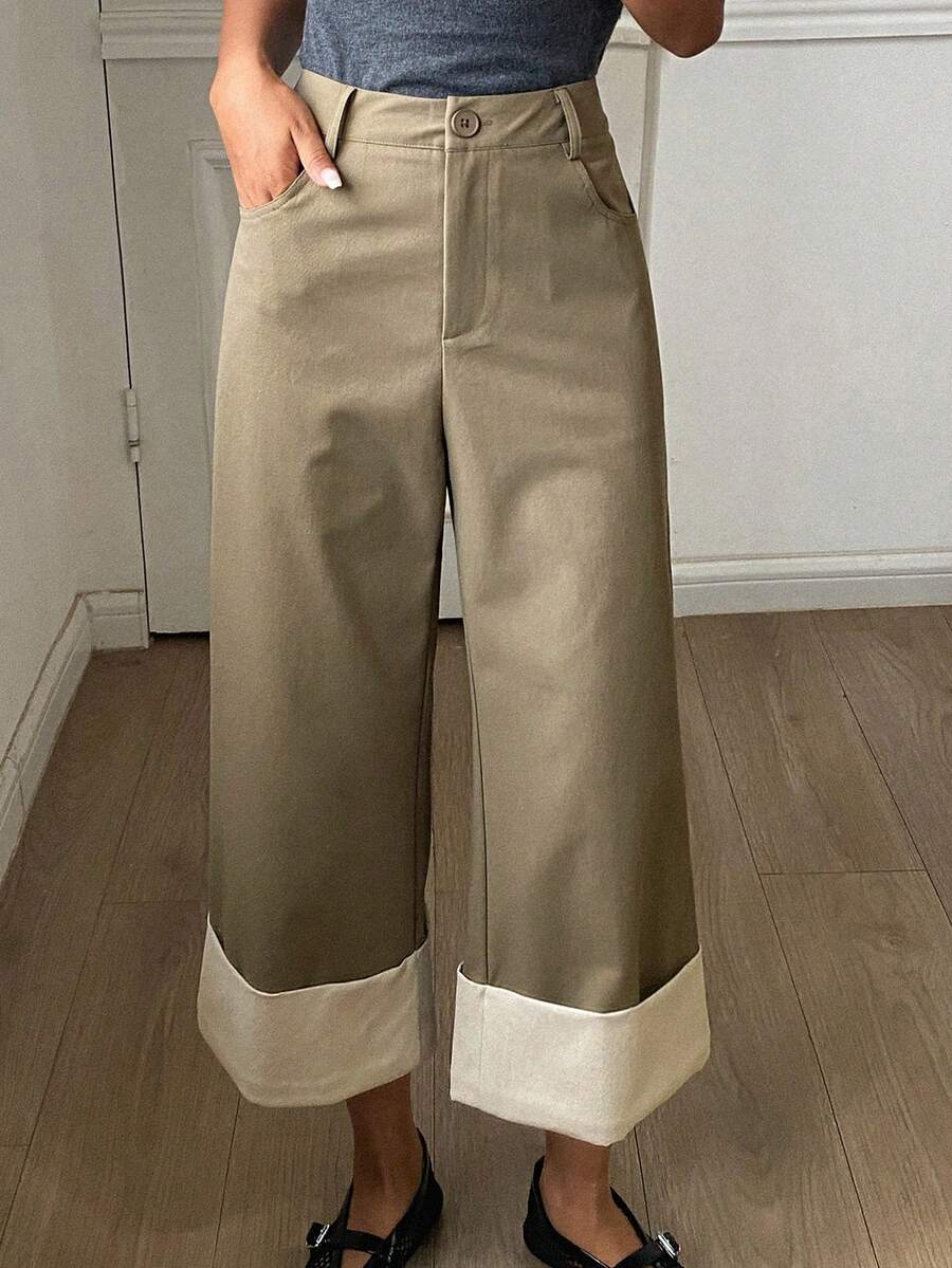 Livesso Women's Patchwork Folded Hem Long Pants Summer Office Khaki Casual - Green - View 1