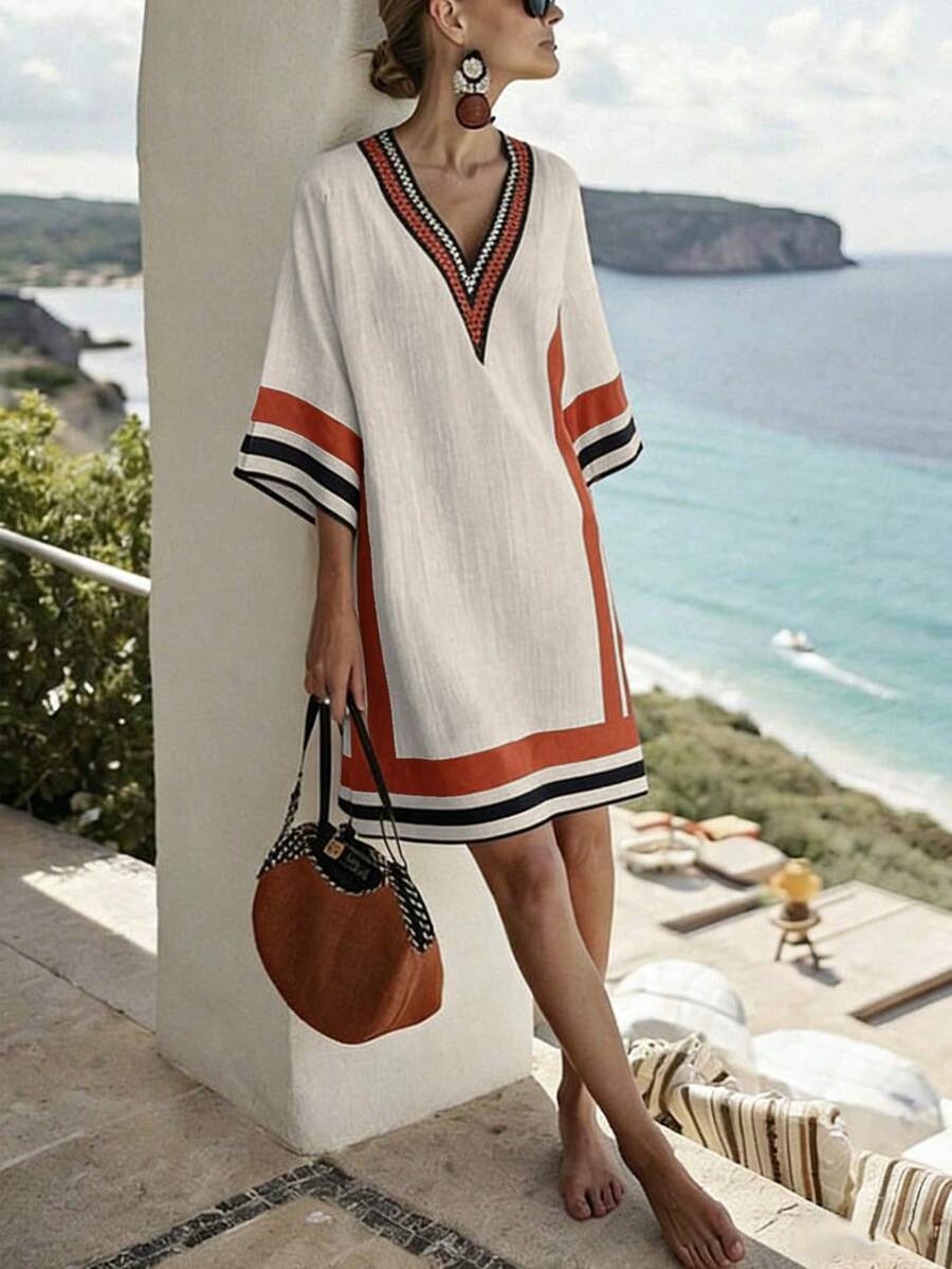 SHEIN Holidaya 女款米色波希米亞風歐式V領條紋圖案短袖皺褶梭織中長洋裝，夏季度假海灘優雅女裝