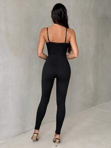 SHEIN Tall Black Lace Cami Jumpsuit For Women Sexy Sleeveless Long Bodysuit With Spaghetti Strap Textured Pattern And Zipper Accent - Black - View 2