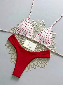 Swim Mod Women's Summer Beach Polka Dot Halter Tie Sexy Bikini And Triangle Briefs Swimwear Set - Multicolor - View 3