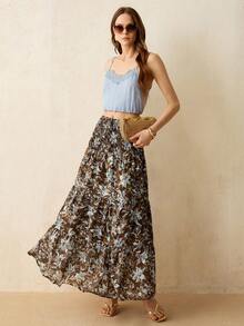 CielaLinda Chân váy maxi chiffon in họa tiết jacquard dành cho nữ - màu nâu - Xem 7