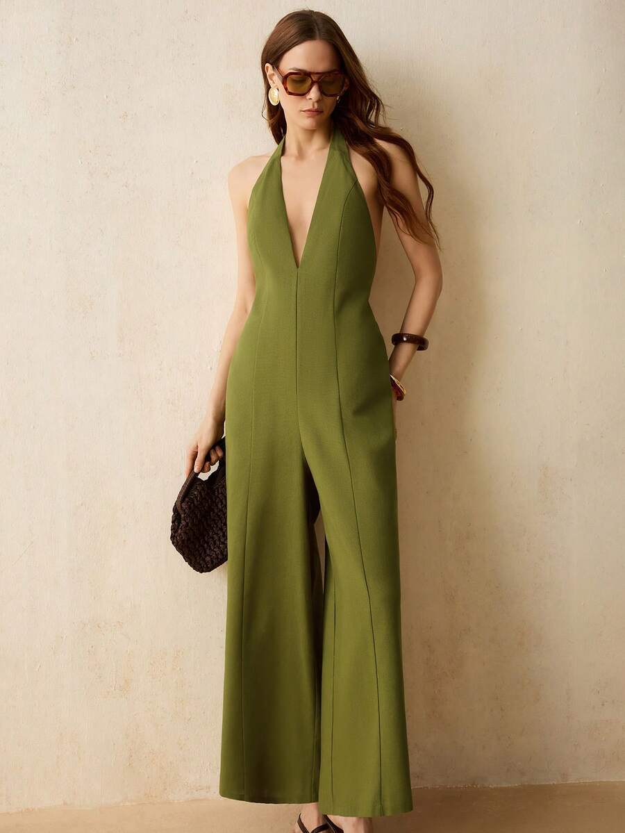 CielaLinda Women Halter Jumpsuit Solid Color Casual Sexy Jumpsuits Golf Pastal Summer - Green - View 1