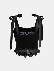 ROMWE Áo hai dây nữ kiểu retro Gothic bí ẩn thêu đầu lâu, bướm và hoa hồng trên vải nhung, có nơ. - màu đen - Xem 2