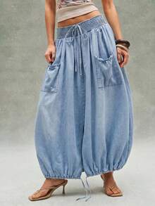 Bohemela Chân váy denim dài buộc dây thời trang cho nữ - Màu xanh lam - Xem 5