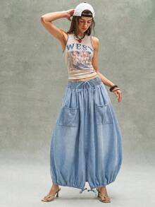 Bohemela Chân váy denim dài buộc dây thời trang cho nữ - Màu xanh lam - Xem 8