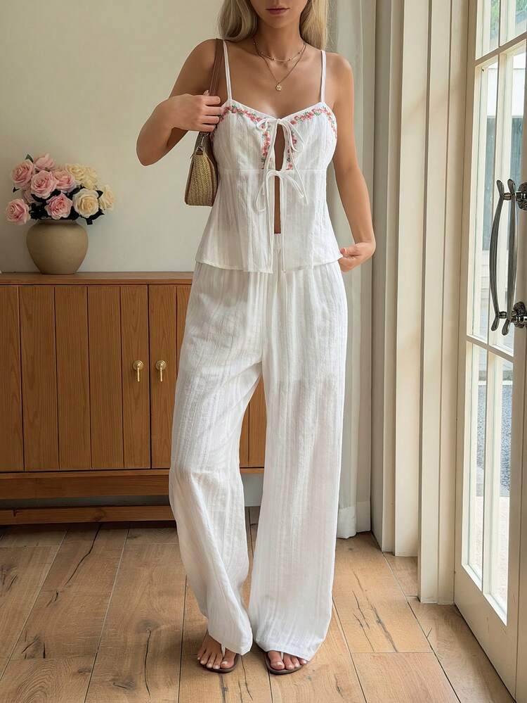 Women's Vacation Casual Embroidered Tie Strap Jumpsuit 2 Pieces Set