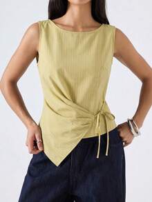 SHEIN EZwear 大尺碼女款夏季休閒度假通勤條紋印花無袖綁帶式不對稱下擺上衣 - 黃色 - 查看 1