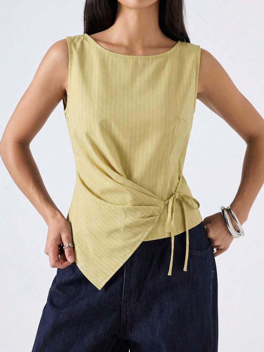 SHEIN EZwear 大尺碼女款夏季休閒度假通勤條紋印花無袖綁帶式不對稱下擺上衣 - 黃色 - 查看 1