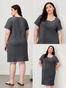 LUVLETTE Plus Size Summer Soft Cotton Women Ribbed Round Neck Pajamas Dresses Lingerie As Outerwear Cozy At Home Dressing  Moo Moo For Women - Dark Grey - View 2