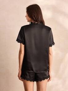 Charlaine Lace Trim Satin Pajama Set - Black - View 2