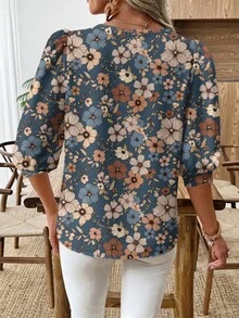 SHEIN LUNE 女士休闲通勤印花灯笼袖衬衫 - 彩色 - 查看 2