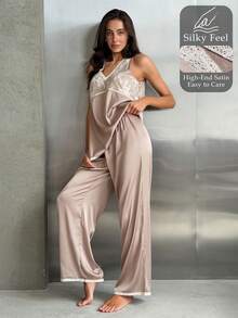 DAZY Women's Summer Contrast Lace Camisole And Pants Pajama Set - Light Grey - View 1