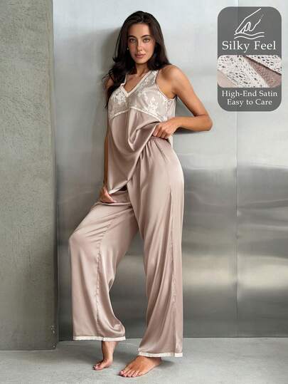 DAZY Women's Summer Contrast Lace Camisole And Pants Pajama Set