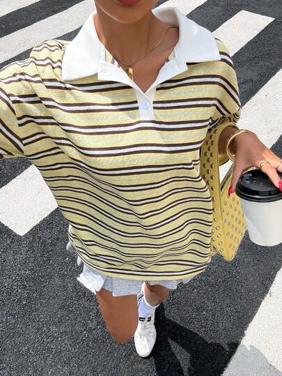Muchica Yellow Striped Knit Women's Half-Zip Loose Comfortable T-Shirt