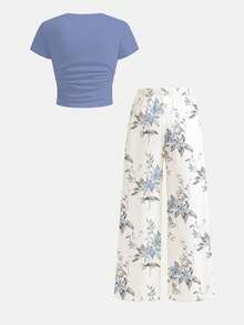 少女两件套休闲T恤和打底裤套装，时尚百搭的夏季服装 - 彩色 - 查看 4