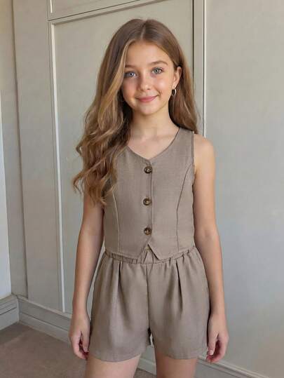 Firerie Kids Firerie Kids Bộ đồ thể thao tối giản, thoải mái dành cho bé gái tuổi teen: áo cardigan cổ chữ V và quần short.