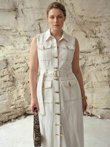 MOTF PREMIUM PLUS SIZE WOMEN'S SLEEVELESS DENIM DRESS WITH POCKETS, SPRING/SUMMER - White - View 9