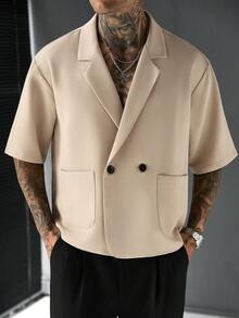 Manfinity Homme 男士舒适纯色短袖衬衫，简约大翻领双扣设计，适合正式或休闲场合，如度假、用餐、办公、居家休闲等，百搭舒适面料，自用或送礼皆宜。 - 卡其色 - 查看 8
