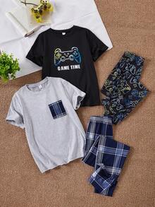 4pcs/Set Boys' Minimalist Gentleman Plaid Short Sleeve Solid Color Plaid Pocket Top + Colorful Game Console Print Short Pants Pajama Set - Multicolor - View 2