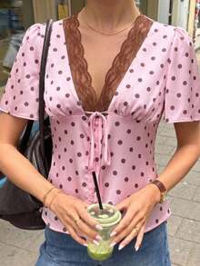 SHEIN EZwear 女士时尚波点印花蕾丝拼接系带缎面衬衫 - 粉色 - 查看 10