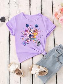 SHEIN 春夏少女休闲时尚创意个性清新高端烟火五角星卡通少女图案印花休闲基础款黑色短款T恤，舒适日常穿着，温暖夏秋风格，适合春、夏、秋季少女氛围穿搭，上衣 - 紫色 - 查看 6