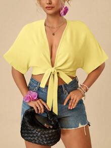 Travachic Plus Size Summer Minimalist Solid Color Front Knot Batwing Sleeve Shirt - Light Yellow - View 6