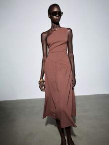 Vestido midi con volantes asimétricos en la cintura, estilo elegante francés, color marrón - Marrón - Ver 3