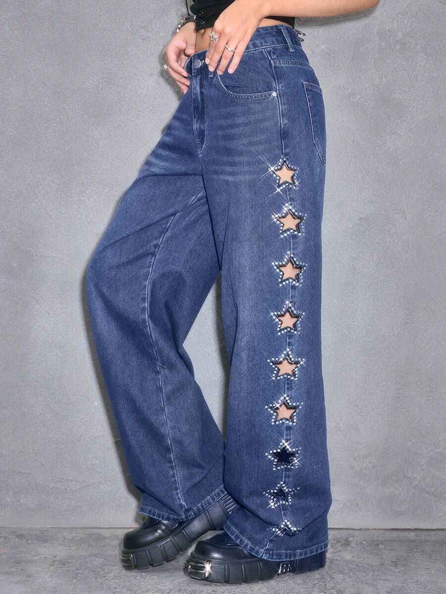 ROMWE Quần jeans denim xanh rách kiểu Y2K phong cách thường ngày với họa tiết ngôi sao và đính đá lấp lánh dành cho nữ. - Màu xanh lam - Xem 1