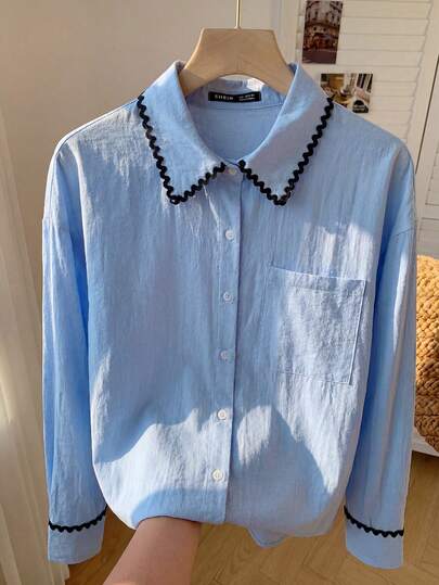 Comfortcana Blue Casual Women Long Sleeve Single-Breasted Pocket Shirt