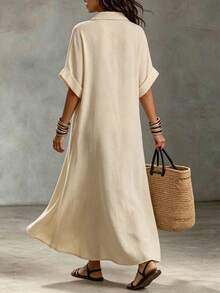 SHEIN Holidaya Damen Sommer Maxikleid mit Revers V-Ausschnitt, Kurzarm, Knopfleiste vorne, digitalem Druck, Imitationsleinen, locker, lässig, Boho, Urlaub, Mode, Hochzeit, Brunch - Aprikosenfarben - Übersicht 2