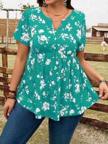 EMERY ROSE Plus Size Women Floral Print V-Neck Short Sleeve T-Shirt,Vacation Outfits Woman,Boho For Women - Limelight Green - View 3
