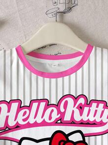 HELLO KITTY AND FRIENDS | SHEIN Tween flickors tecknat tryck rund hals kortärmad avslappnad mångsidig t-shirt - Vitt - Visa 5
