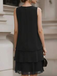 Velvienne Plus Size Sheer Chiffon Layered Hem Elegant Sleeveless Dress For Women - Black - View 2