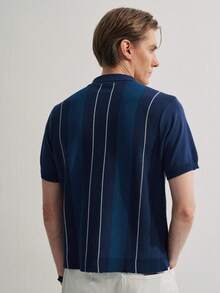 Manfinity CityGents Men's Contrast Stripe Print Button Front Short Sleeve Knit Top, Summer - Blue - View 2