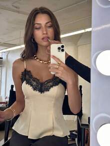 Flora Isola Flora Isola Women's Sleeveless Lace Trim Contrast Color A-Line Camisole, Casual Vacation Outfit Suitable For Dates, Outings And Commuting, Spring/Summer - Khaki - View 3
