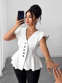 Elenzga Plus Size Elegant Commuting Outerwear Black Contrast Trim Cap Sleeve Shirt - White - View 3