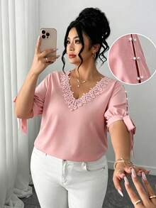 SHEIN CURVE+ Plus Size Women Embroidered Faux Pearl Button Decor Blouse - Pink - View 1