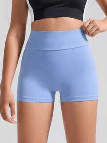 Teen Girls' Foggy Blue High-Waist Athletic Shorts, Made From High-Stretch Form-Fitting Fabric With A Sleek And Supportive Design, Perfect For Spring And Summer Activities Including Running, Gym Workouts, And Casual Sporty Wear - Dusty Blue - View 3