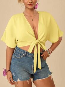 Travachic Plus Size Summer Minimalist Solid Color Front Knot Batwing Sleeve Shirt - Light Yellow - View 5