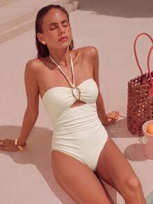 Swim Vcay 2026 Spring/Summer Spaghetti Strap Apricot Textured Polka Dot Fabric Gold Irregular Decor Fitted Sweet One-Piece Bikini Swimsuit - Apricot - View 8