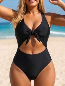 Swim Lushoire Plus Size Women One-Piece Solid Color Twist Front Hollow Out Slimming Tummy Control Swimsuit, Suitable For Vacation & Party - Black - View 5