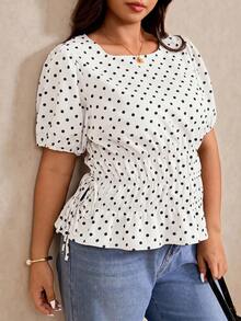 Elaquor Plus Size Colorblock Polka Dot Print Short Sleeve Shirt - Beige - View 6